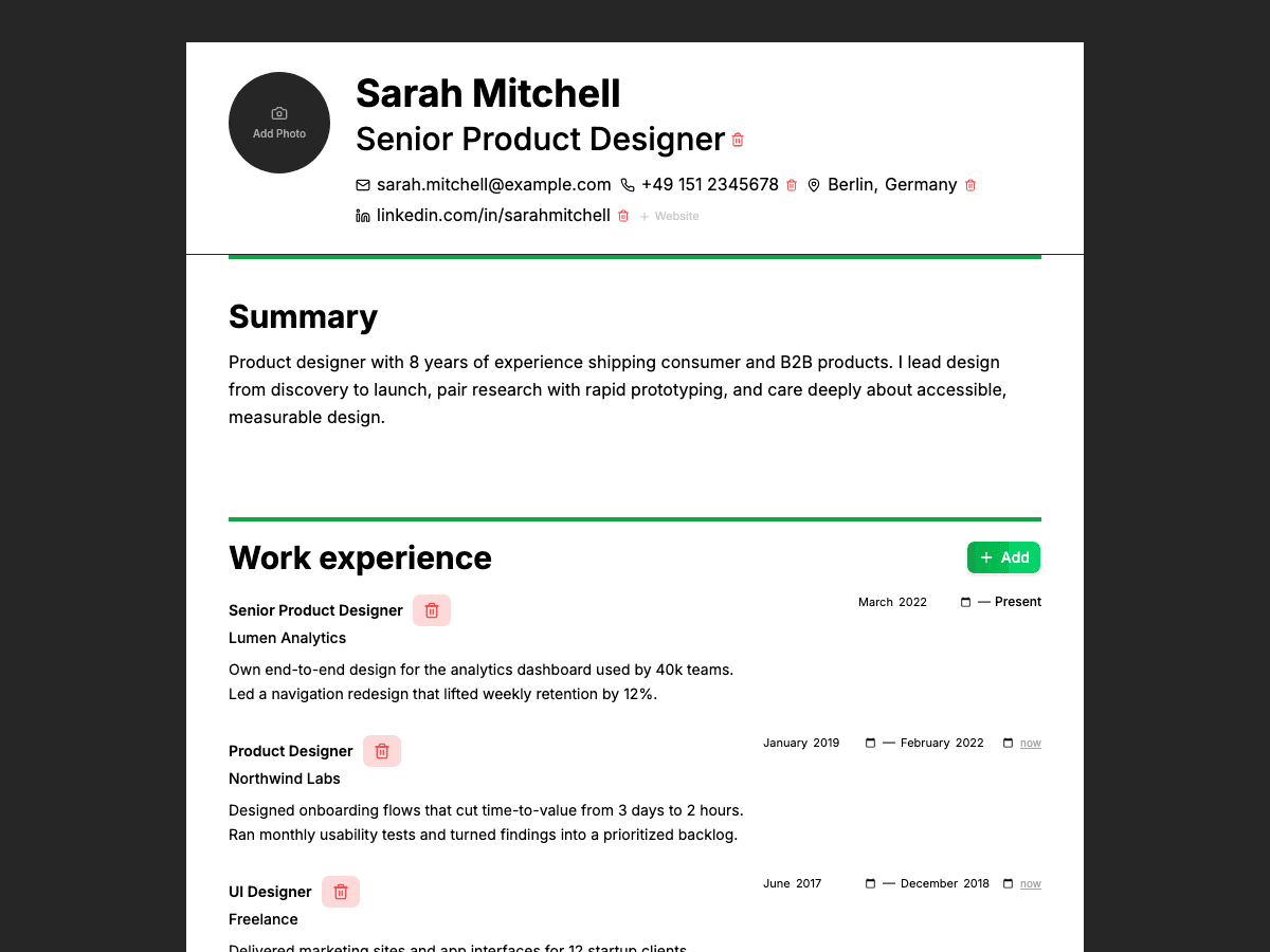 CVSHA resume editor showing an ATS-friendly classic template