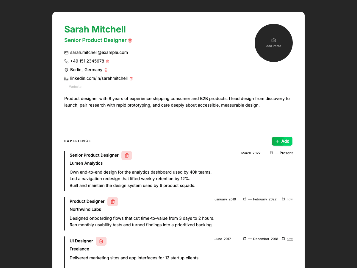 CVSHA resume editor with inline editing for every resume section