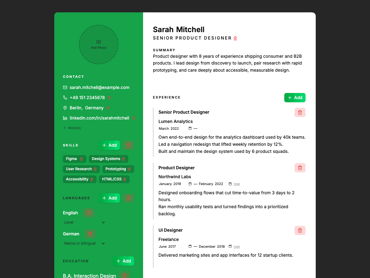 A modern two-column resume template in the CVSHA editor