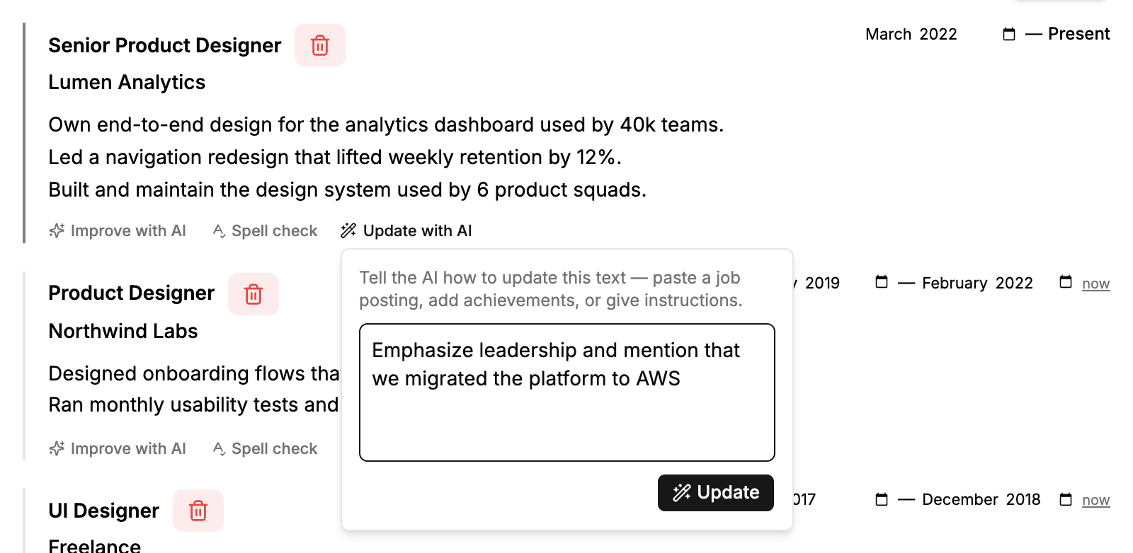The Update with AI popover in the CVSHA resume editor with the instruction 'Emphasize leadership and mention that we migrated the platform to AWS' typed into the context box